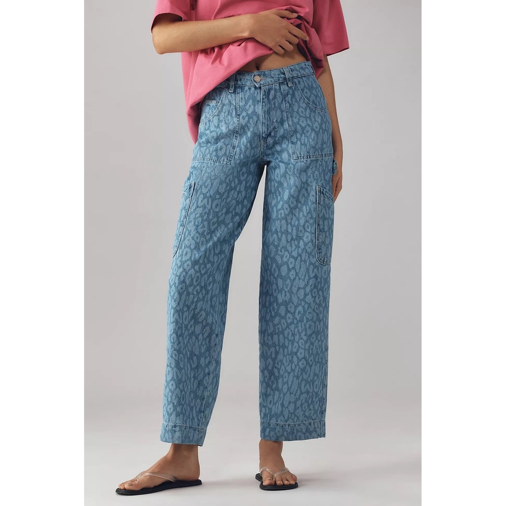 NWT Damson Madder Drew Cargo Jeans Leopard Laser Print Blue Wide Leg High UK 12